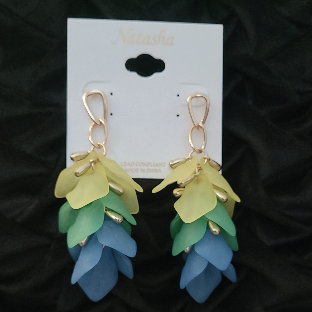 NATASHA COUTURE BLUE GREEN YELLOW LEAF DANGLE STUD EARRINGS